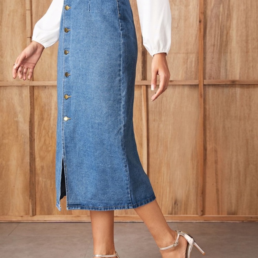 SHEIN  Slit Front Button Up Denim Skirt small - Picture 4 of 6